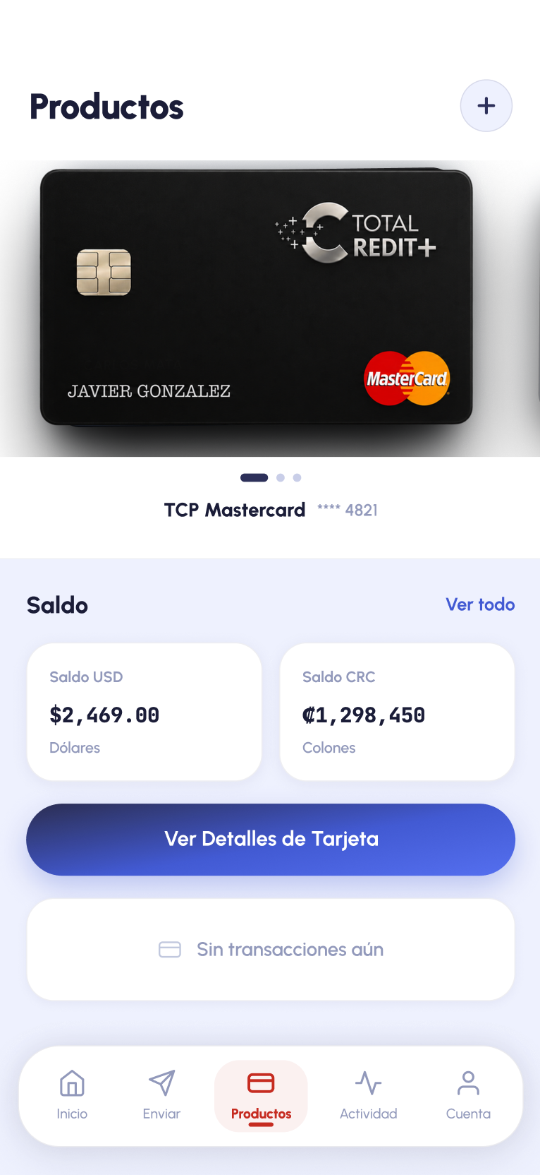 Total Credit+ mobile app card products screen