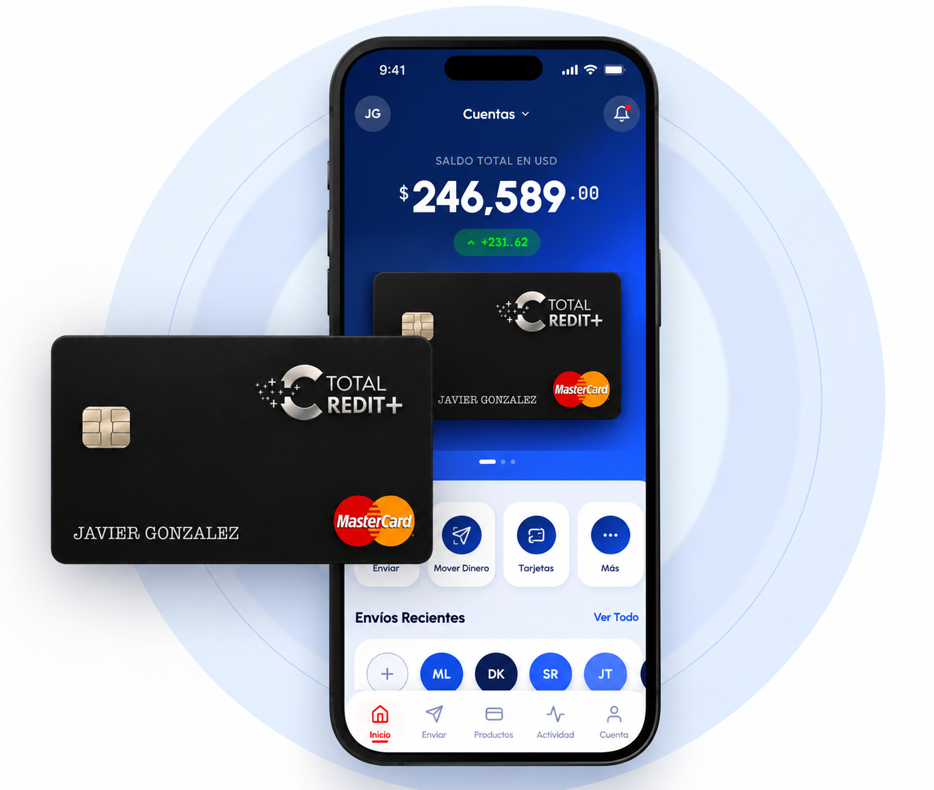 Total Credit+ mobile banking app and black Mastercard card